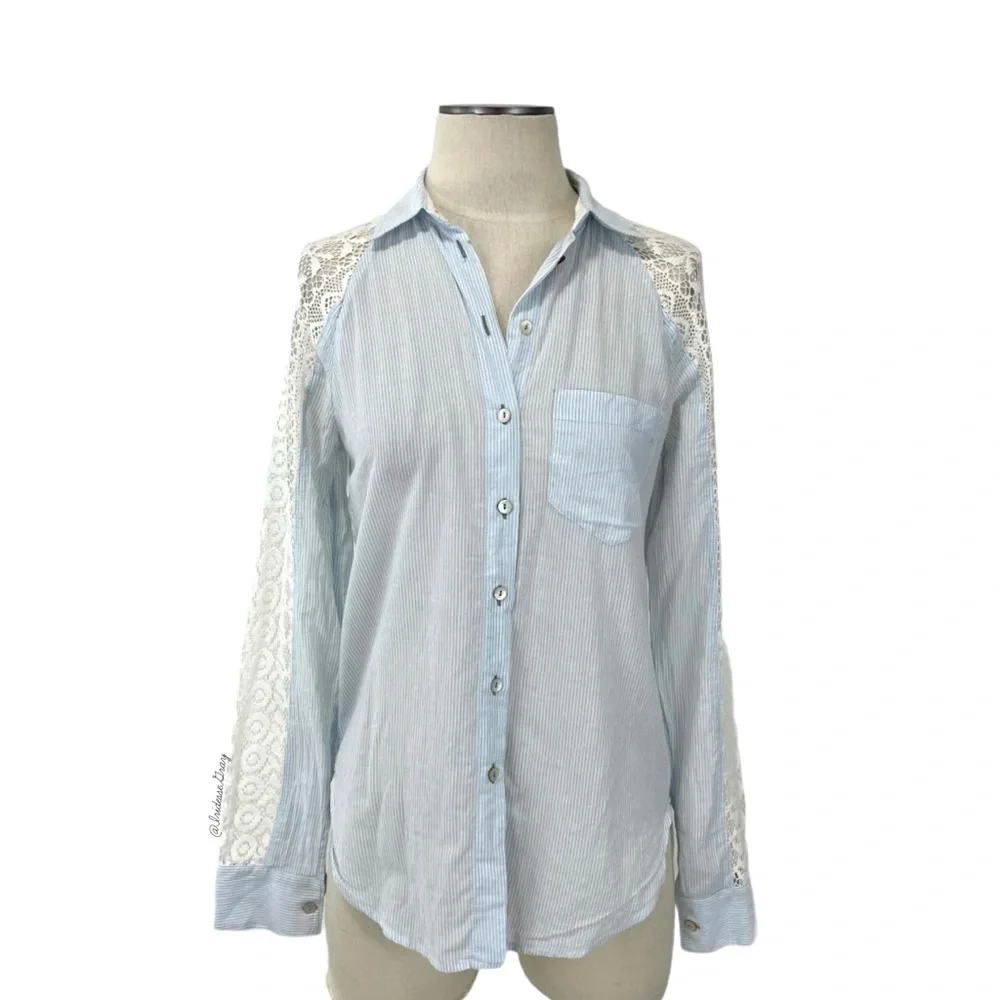 Anthropologie- Holding Horses Blue Stripe Lace Top